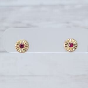 Vintage Stud Earrings Gold Tone with Red Gem